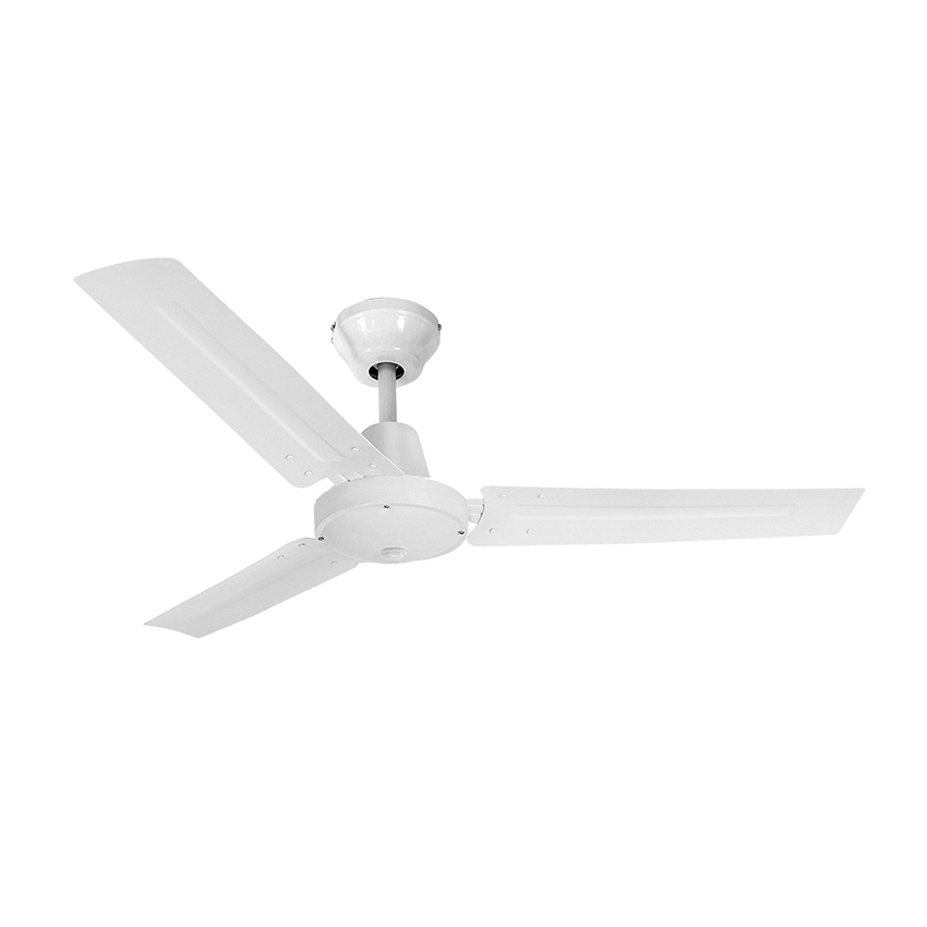 ventilador de techo industrial en elegante color blanco. Potencia de 60W y aspas de 140 cm para un óptimo flujo de aire. Incluye práctico controlador de pared para mayor comodidad.