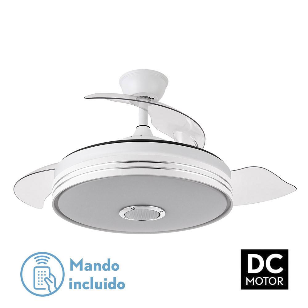 tODOLAMPARAVentilador de techo con luz LED 36W motor DC y Altavoz modelo MATANUSKA Blanco, 3 tonalidades con memoria, aspas retráctiles, 6 velocidades, control remoto, temporizador, silencioso