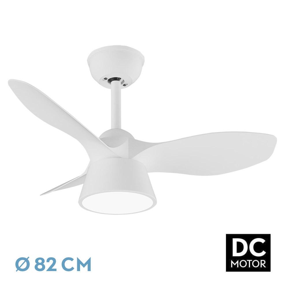 ventilador DC cúbico de 36W y 2680 lm en color blanco, con 3 aspas y ángulo de 82°. Presenta tres temperaturas de luz (3000K, 4500K, 6000K) y control remoto con temporizador.