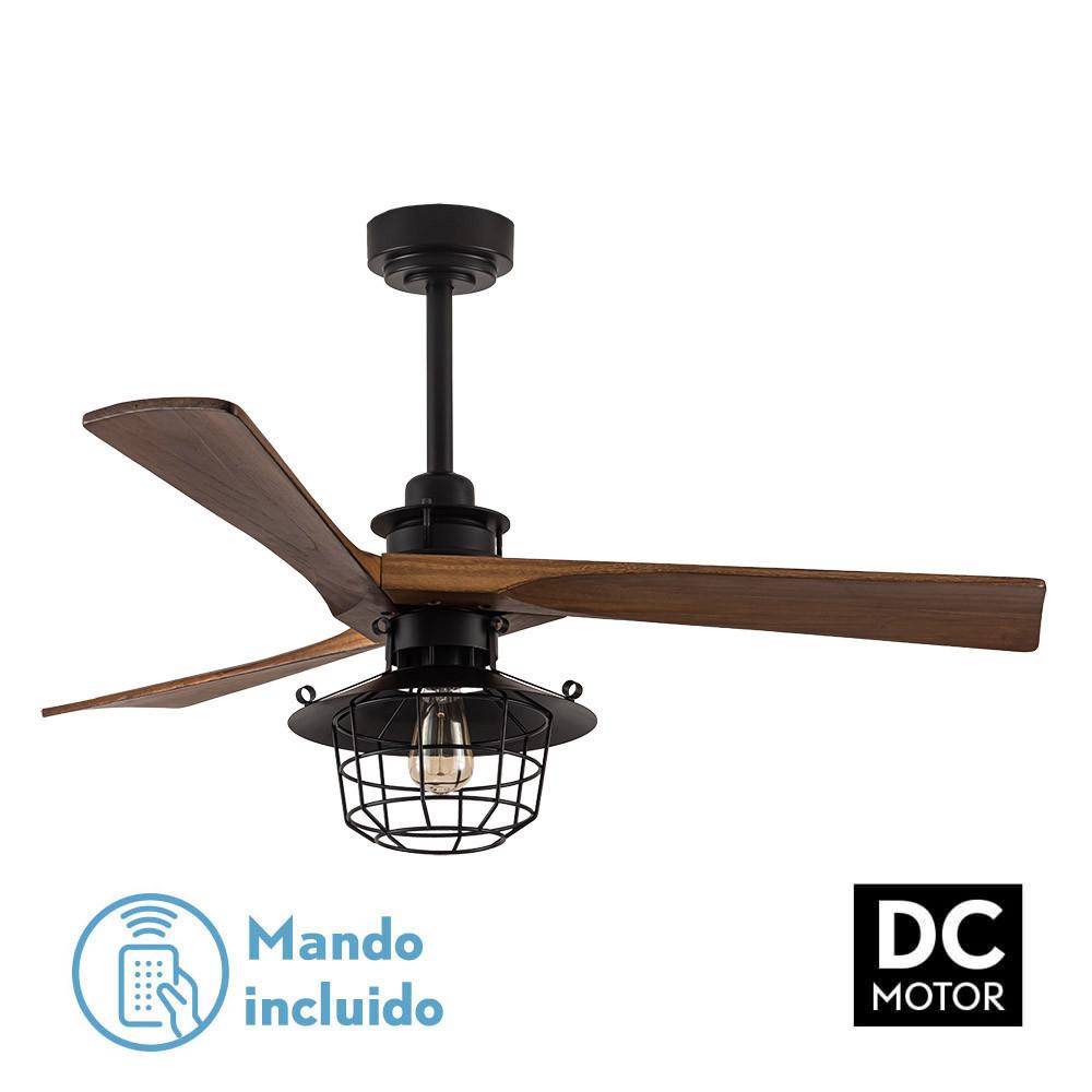 ventilador DC Vulturno Negro con 3 aspas de roble y 6 velocidades. Incluye control remoto y temporizador. Dimensiones: 53/65,5 x 132 x 132 cm. Perfecto para cualquier espacio.