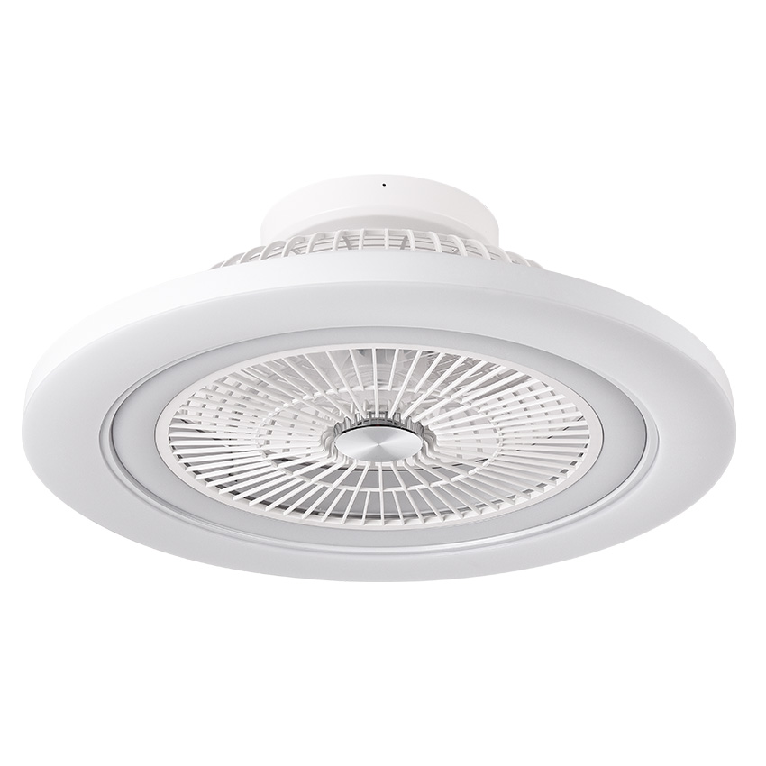 ventilador DC Mato 72W, elegante en blanco, 5 aspas y dimensiones 22x58x58 cm. Cuenta con 6 velocidades, 3 colores, control remoto, memoria, temporizador y ajuste de intensidad. 6120 lm.