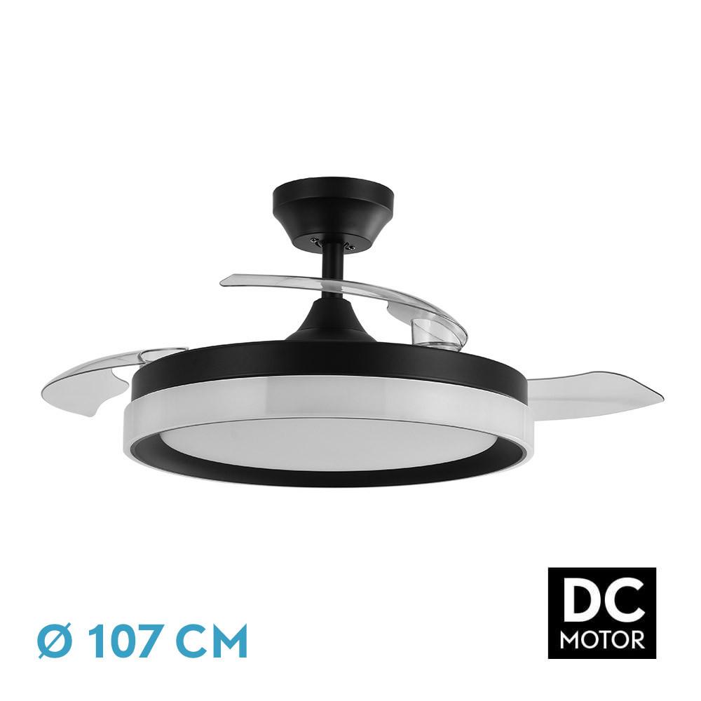 ventilador DC Zenit Negro 72W con 3 aspas retráctiles y 7200 lm. Ofrece 6 velocidades y luz ajustable (3000K, 4500K, 6000K). Incluye control remoto, temporizador y memoria.