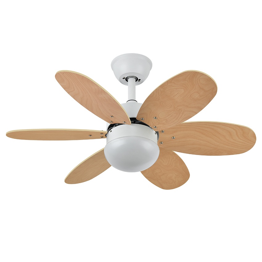 ventilador dc 6 aspas, reversible blanco/haya, 41x85 cm, con mando a distancia y temporizador, ideal para refrigeración y decoración.