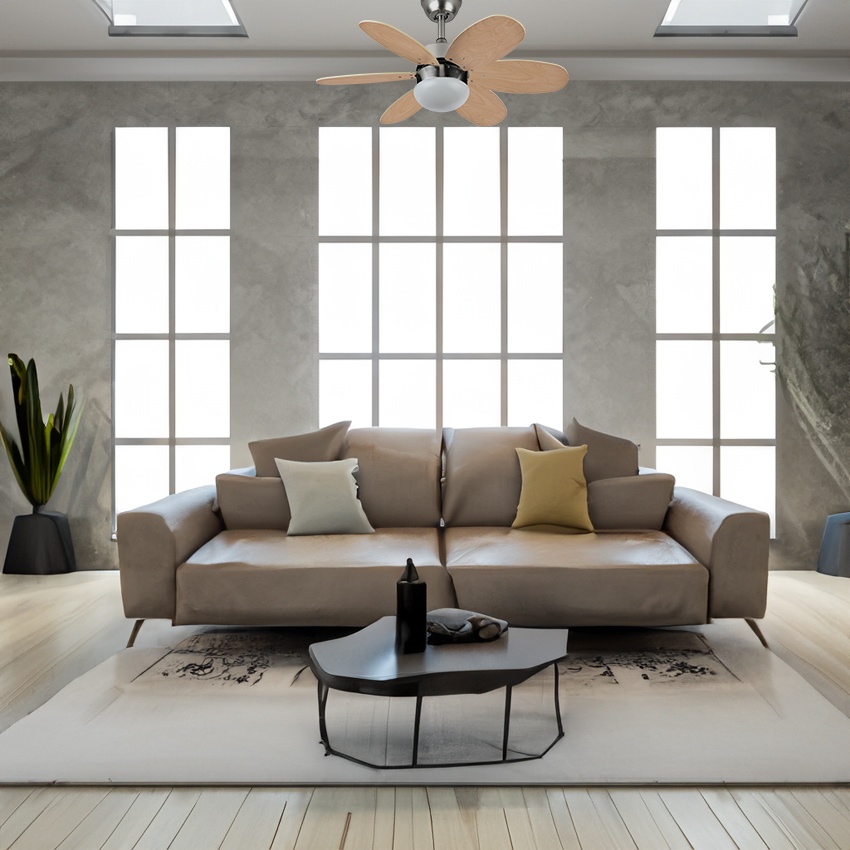 ventilador dc 6 aspas, acabado níquel, reversible en haya/plata, 41x85 cm, con mando a distancia y temporizador, ideal para refrescar y decorar.