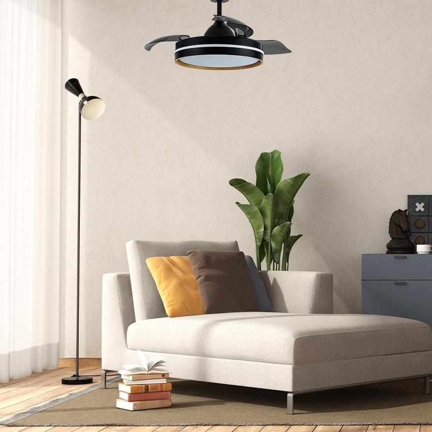 ventilador dc 72w, 3 aspas 109cm, 7200 lm, 3000k/4500k/6000k, control remoto, memoria y temporizador; ideal para refrescar y iluminar espacios.