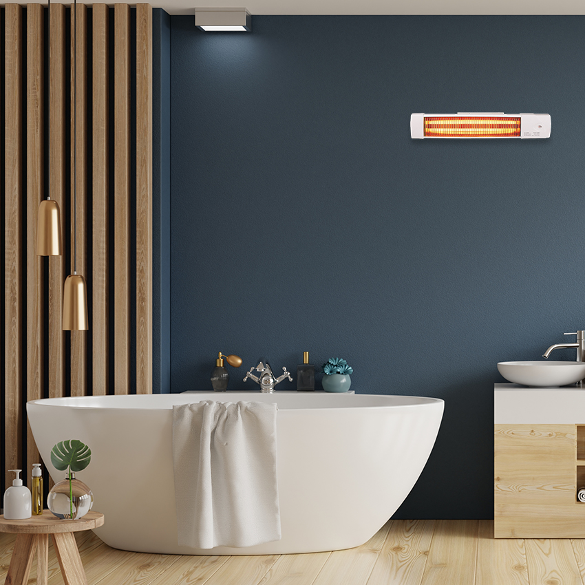 estufa de baño de cuarzo Marfil: eficiente y orientable, con potencia ajustable de 600 a 1200W. Ideal para disfrutar de un calor agradable y confortable en tu baño.