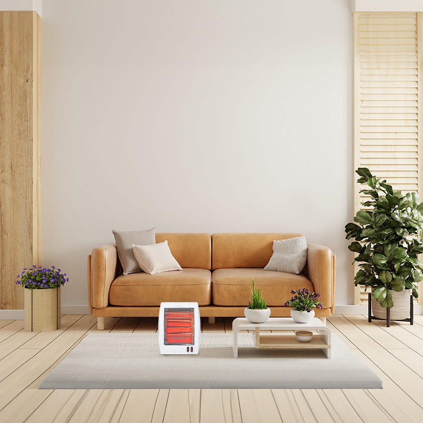 estufa eléctrica de cuarzo 800w, 2 elementos, anti vuelco, dimensiones 35x29,5x14 cm, ideal para calentar espacios pequeños.